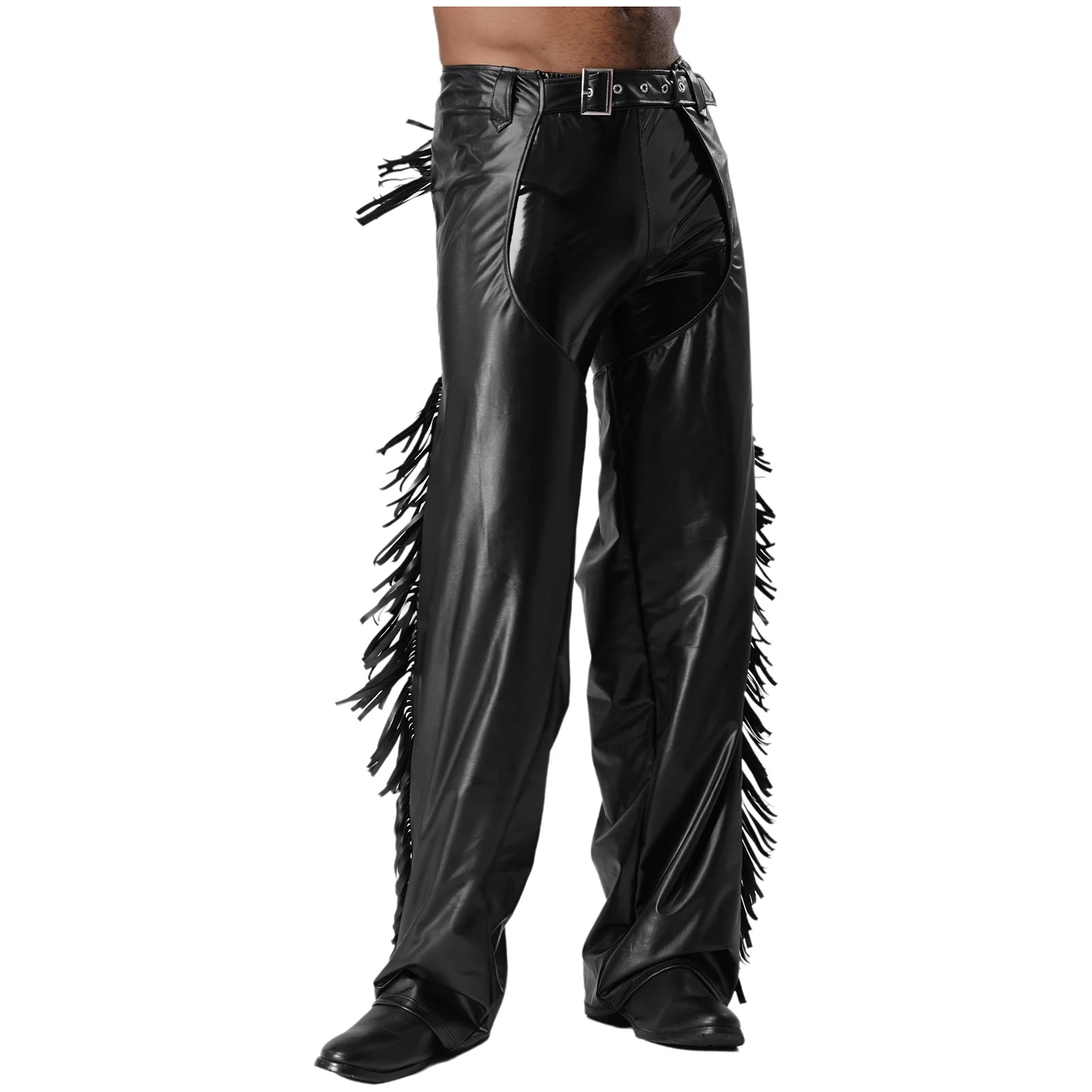 Men Western Cowboy Show Chaps Faux Leather Fringed Chap Pants Cutout Sides Zipper Tassels Motorcycle Trousers view 4