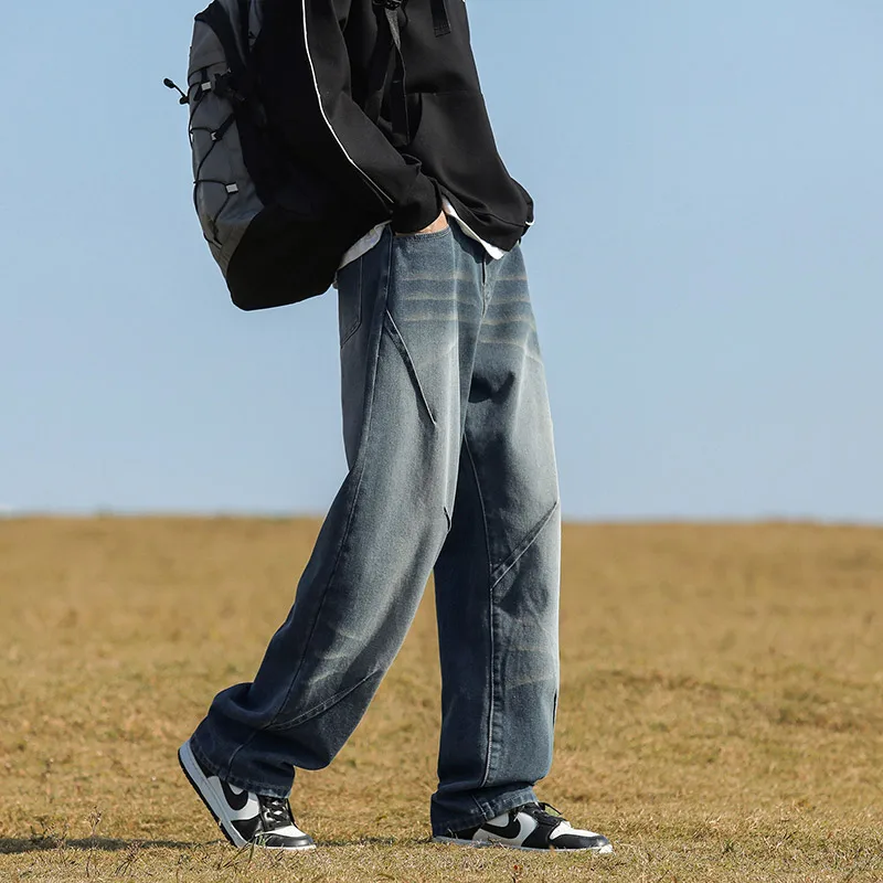 

Синие мужские джинсы с завышенной талией в стиле ретро, свободные прямые повседневные длинные брюки, осень-зима Faion Street Sle