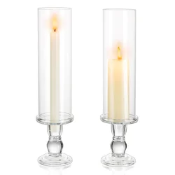 2 Pcs Glass Candle Holders with Bottomless Clear Cylinder Covers Modern Candles Stand for Christmas Dining Table Fireplace Decor