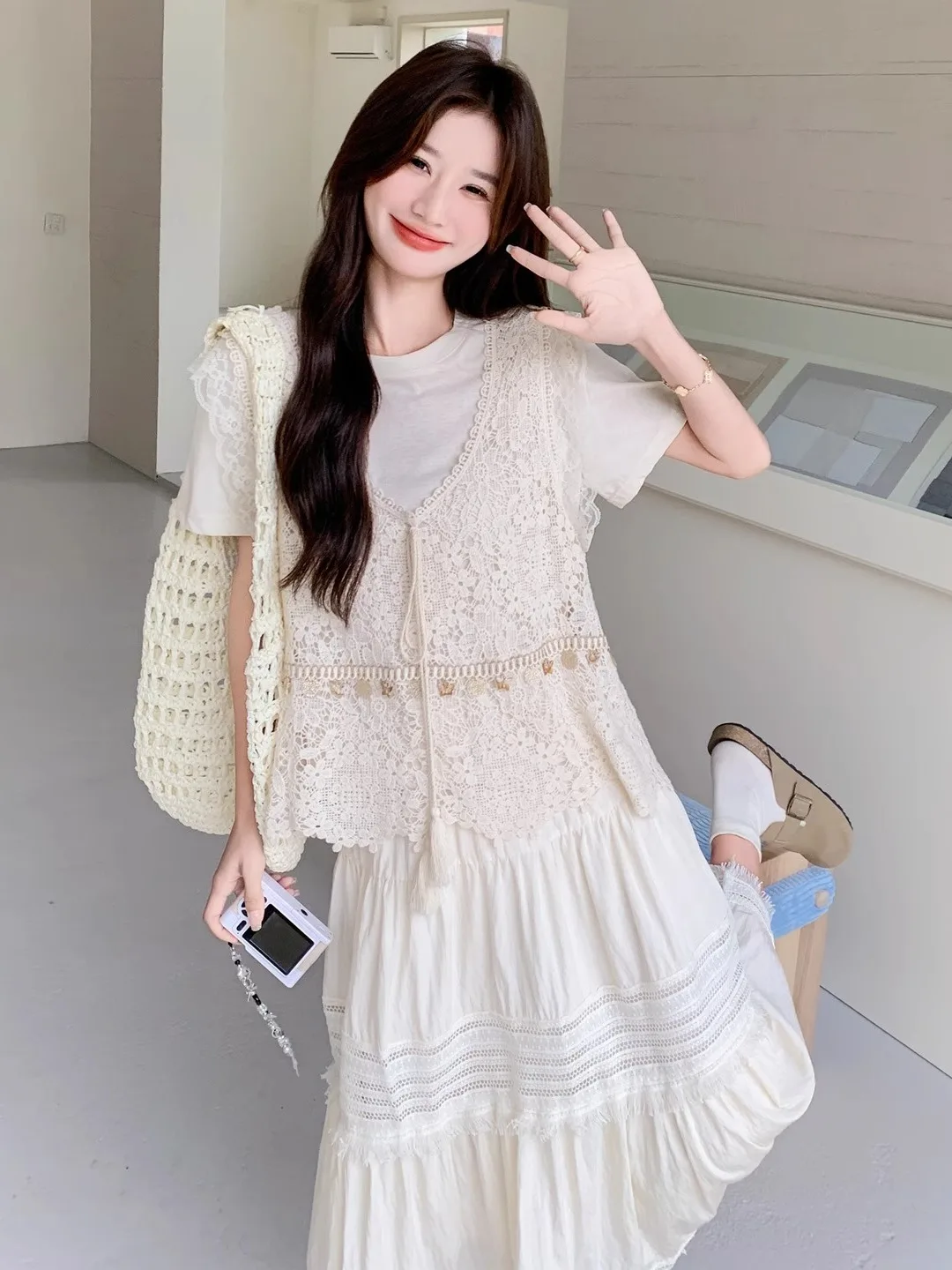 

Summer Beautiful n Lace Cover up ort Sve T irt Two Piece Set Women's Faionable Overlap Wear Polyester Material