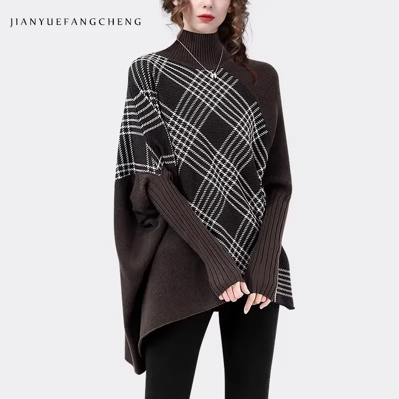 

2025 Winter Womens High Neck Knit Cloak Sweater Pullovers Loose-fitting Warm Windproof Plaid Wool Sweaters