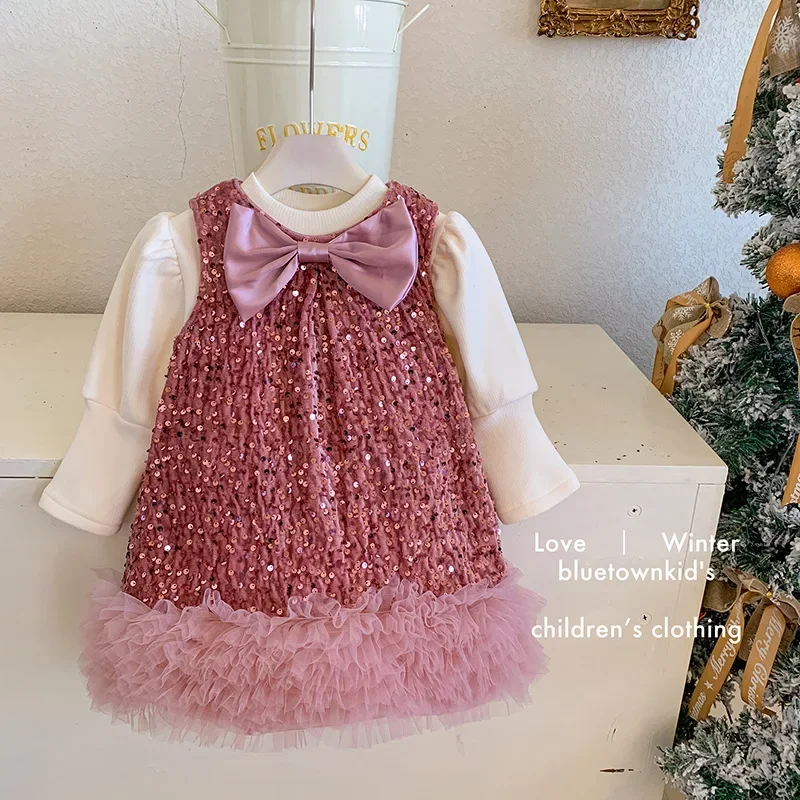 Korean Children Clothing 2024 Winter New Girls Sequin and Velvet Bow Vest Dress Children Velvet Top Dress Two Piece Set