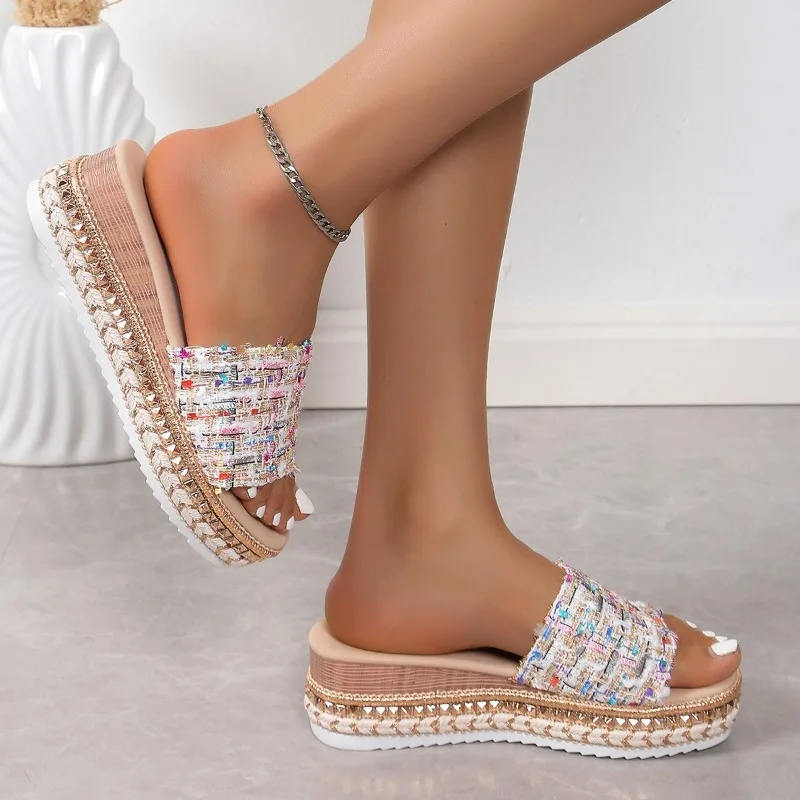 2024 Rimocy New Fashion Striped Platform Slippers Women Summer Canvas Wedge Sandals Woman Plus Size Non Slip Casual Slippers