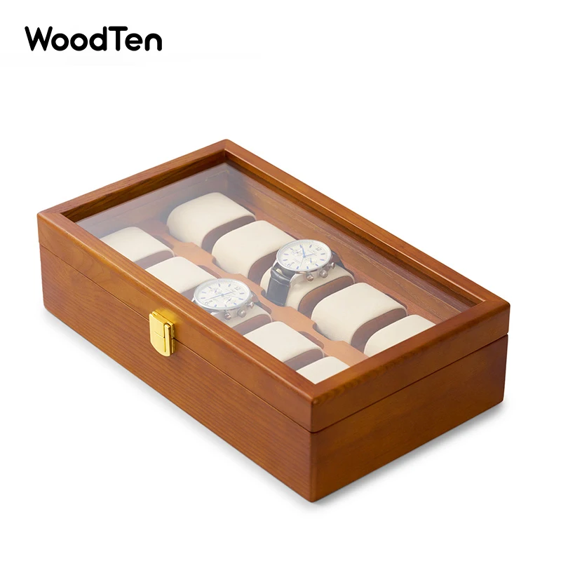 WoodTen-caja de reloj de madera maciza para hombre y mujer, estuche de almacenamiento, exhibición de reloj de pulsera, almacenamiento Visual, 10 rejillas