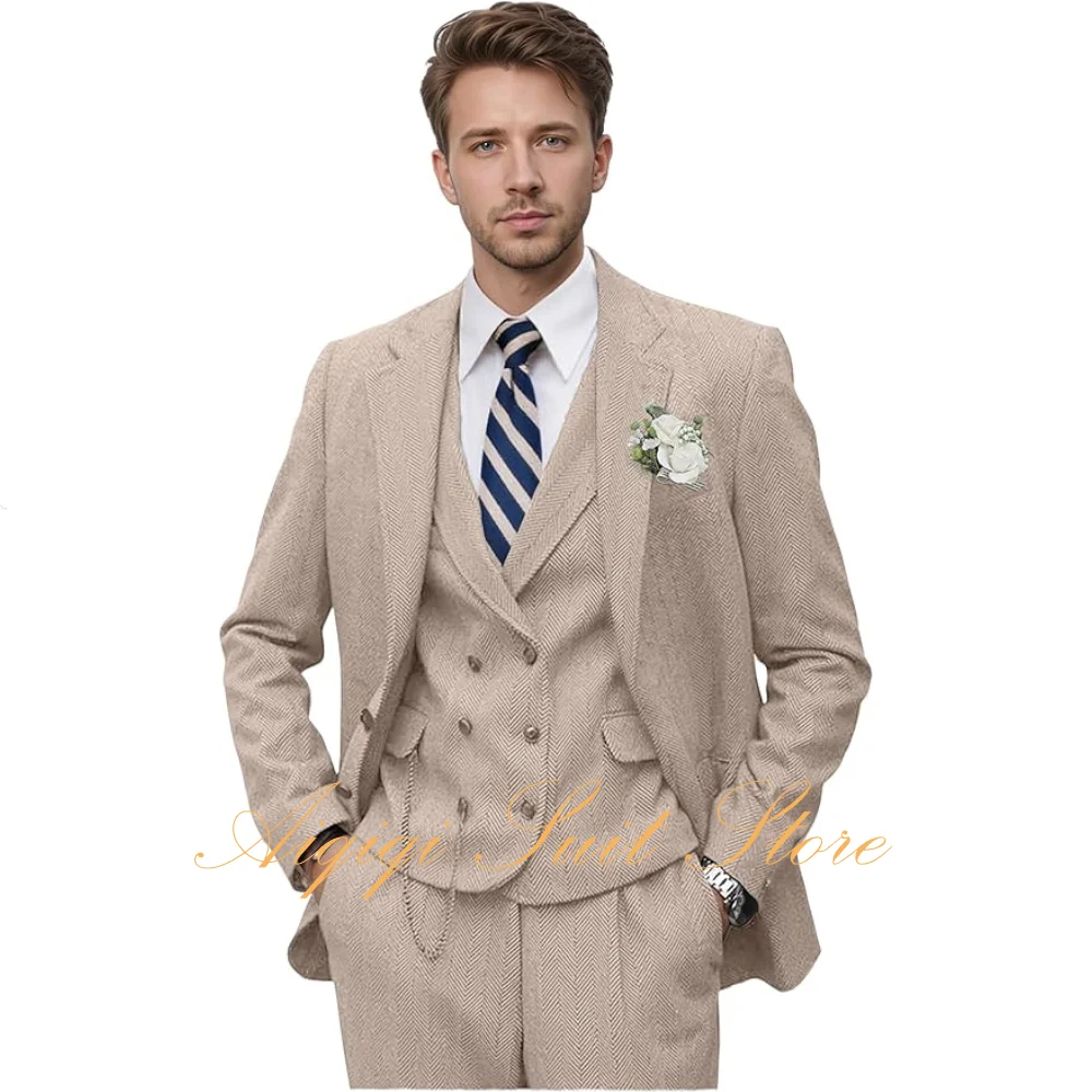 

Tweed Herringbone Suit for Men Suits Retro Men's 3 Piece Slim Fit Jacket Vest Pants Tuxedo Set for Groomsmen Prom Party