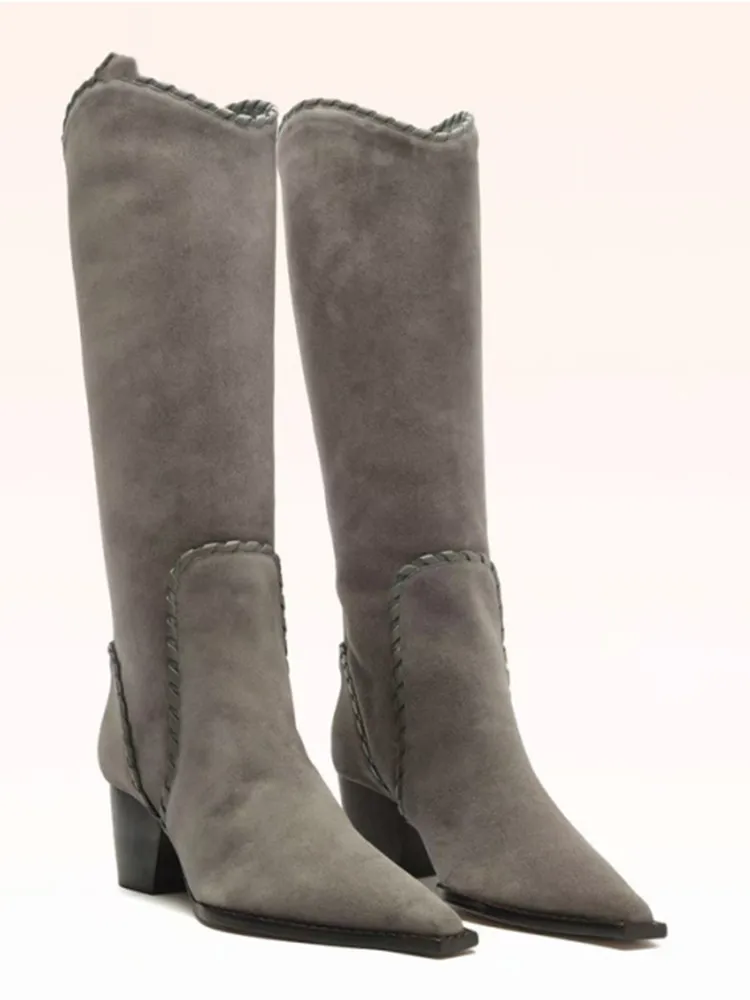 

Осенне-зимние женские остроконечные, толстые, на высоком каблуке, на среднем каблуке, модные замшевые сапоги до колена, женские рыцарские сапоги