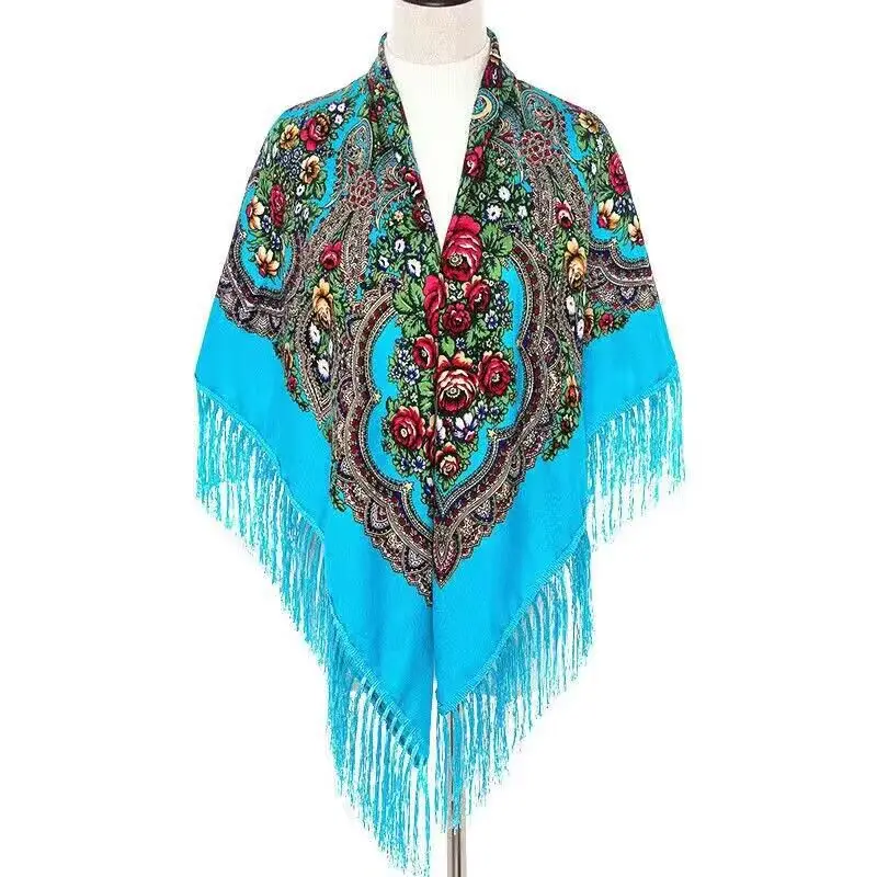 Ukrainian Embroidery Square Shawls Russian Scarf Babushka Retro Fringed Cotton Bandana Winter Scarf Woman Wrap Hijab Poncho Cape