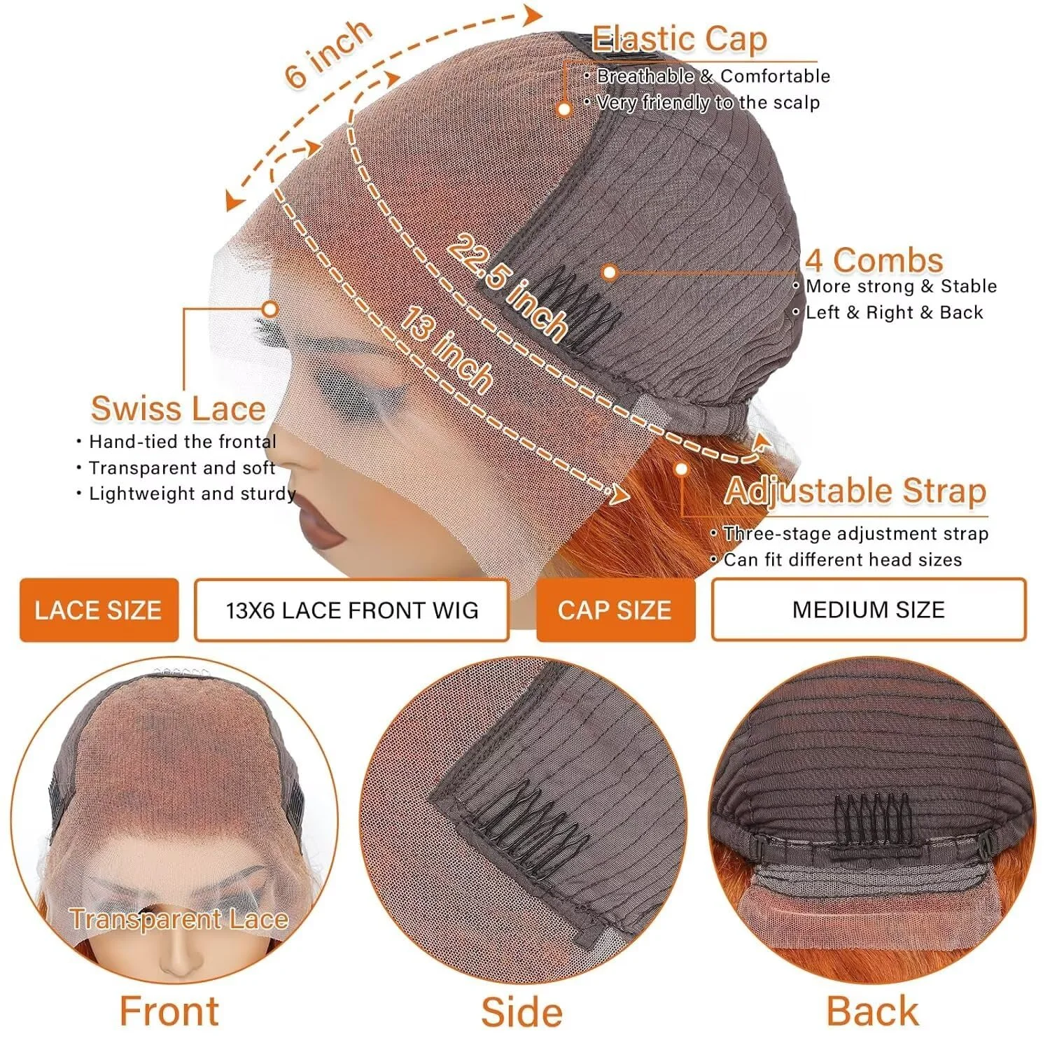 Pelucas delanteras de encaje naranja jengibre cabello humano pelucas frontales de encaje 13x4 prearrancadas con 250% de densidad Color de cabello liso brasileño 350 #