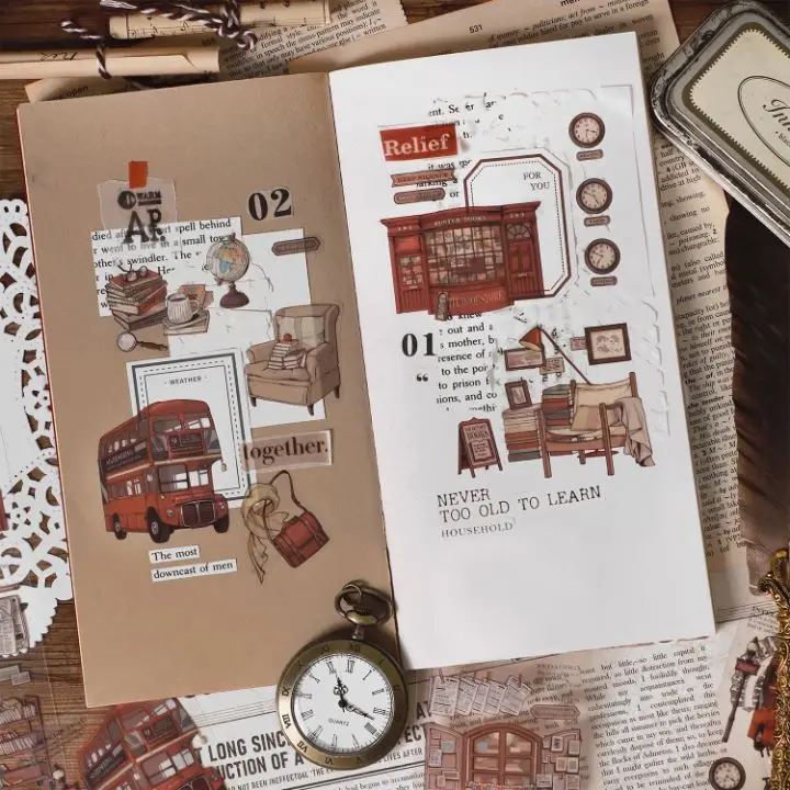 MOHAMM 6 Sheets PET Sticker Retro Decoration Handbook Sticker Plant Flower Sticker