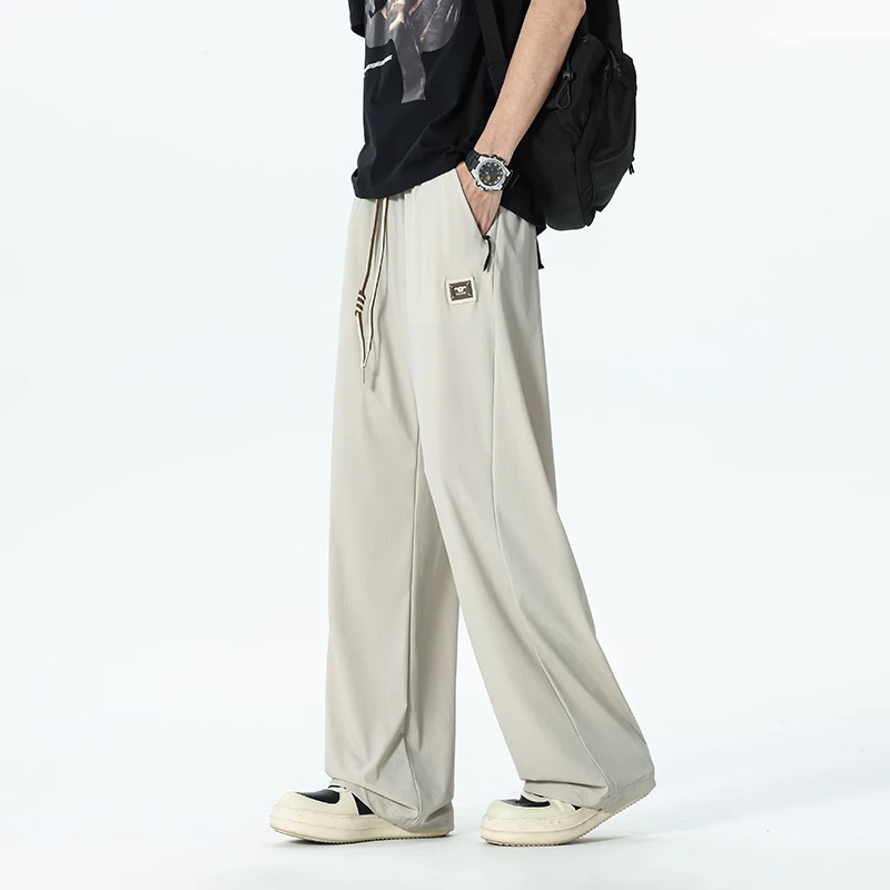 여름 남성 드로스트링 아이스 실크 팬츠 솔드 컬러 얇은 속건 스트레이트 레그 스포츠 조거 트라우저 남성 플러스 사이즈 7XL 8XL