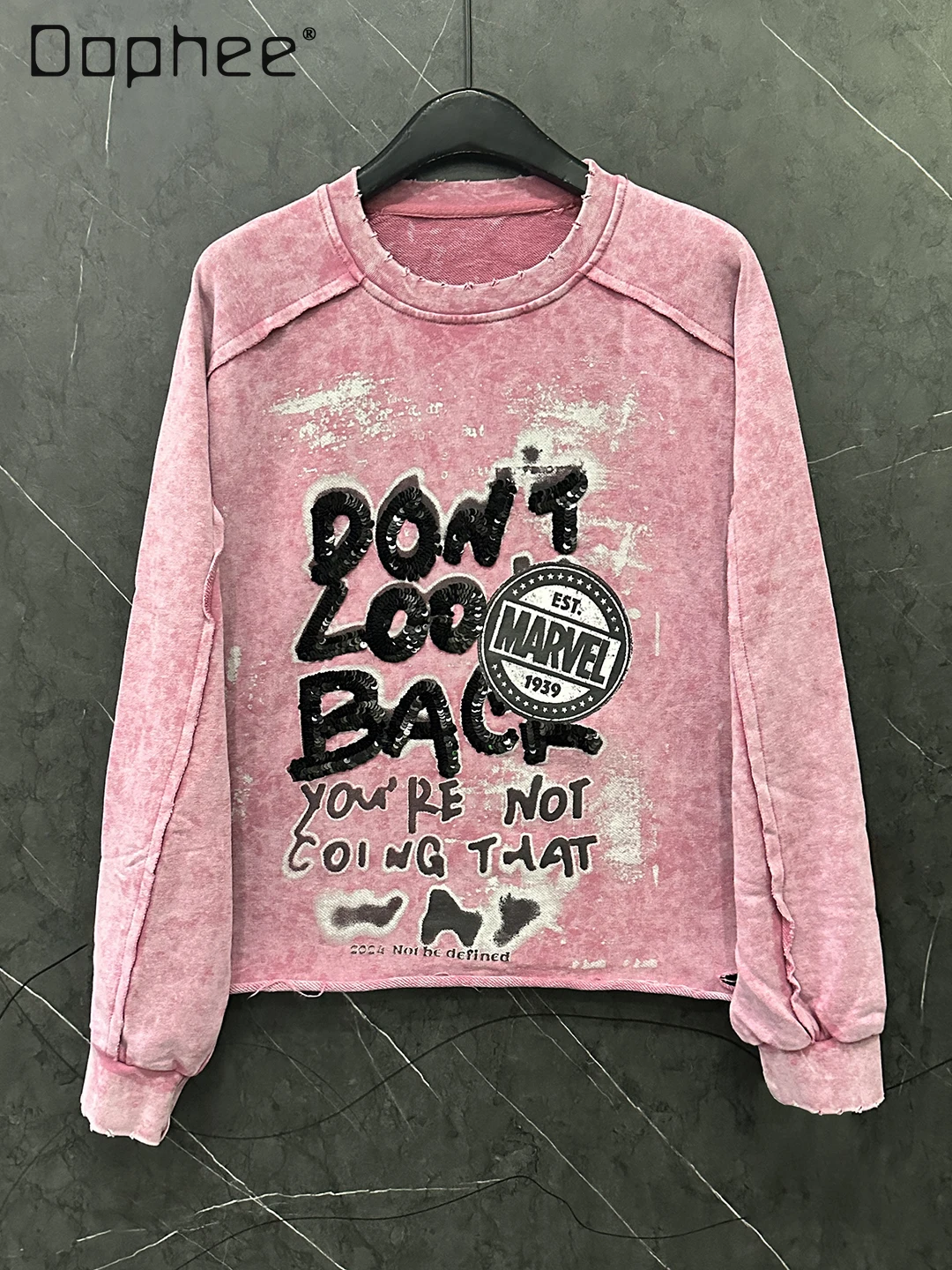 

Autumn New Heavy Industry Distressed Letter Sequin Print Crew Neck Sweatshirt Women Street Style Loose Casual Pink Top