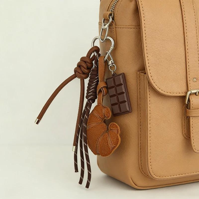 Cute Croissant Pendant Keychain Cartoon Bread Bag Charm Backpack Hanging Woven Rope Design Accessories Gift