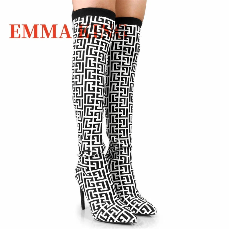 

Monogram Print Stretch Knit Boots,Over The Knee Pointed Toe Pattern Print Boots,Black Heeled Sock Boots ,Women'S Thigh High Boot