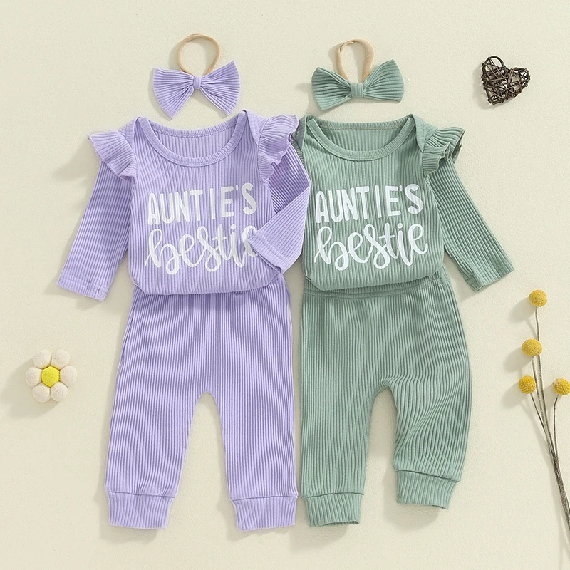 

Suefunskry Baby Girls Ribbed Set Letter Print Long Sleeve Round Neck Ruffled Romper Trousers Hair Band Adorable 3Pcs Outfits