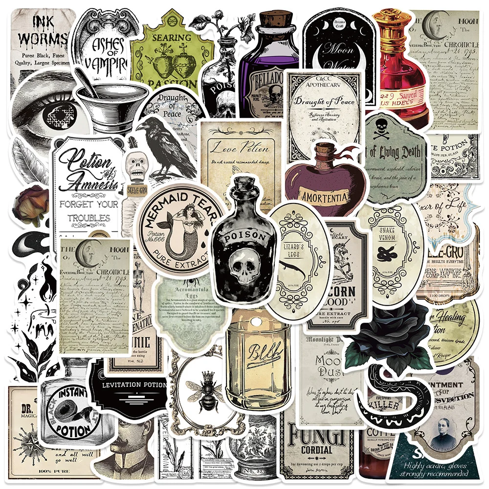 10/30/50pcs Halloween Retro Horror Gothic Witch Potion Label Sticker Vintage Decals Toy DIY Graffiti Scrapbook Laptop Stationery