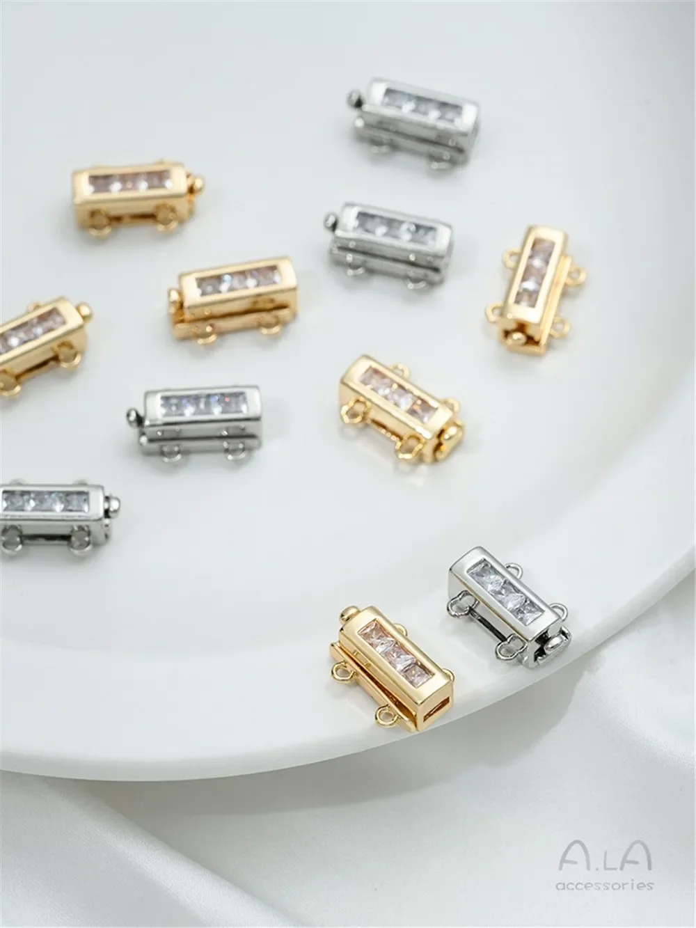 14K Gold Square Zirconium Rectangular Double-row Insert Buckle DIY Double-strand Bracelet Necklace Connecting Buckle Pearl Buckl