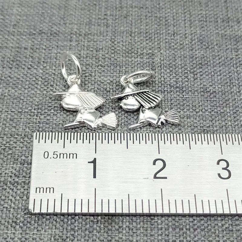 5 Pieces Small Witch Riding Broom Charms in 925 Sterling Silver for Bracelet Making