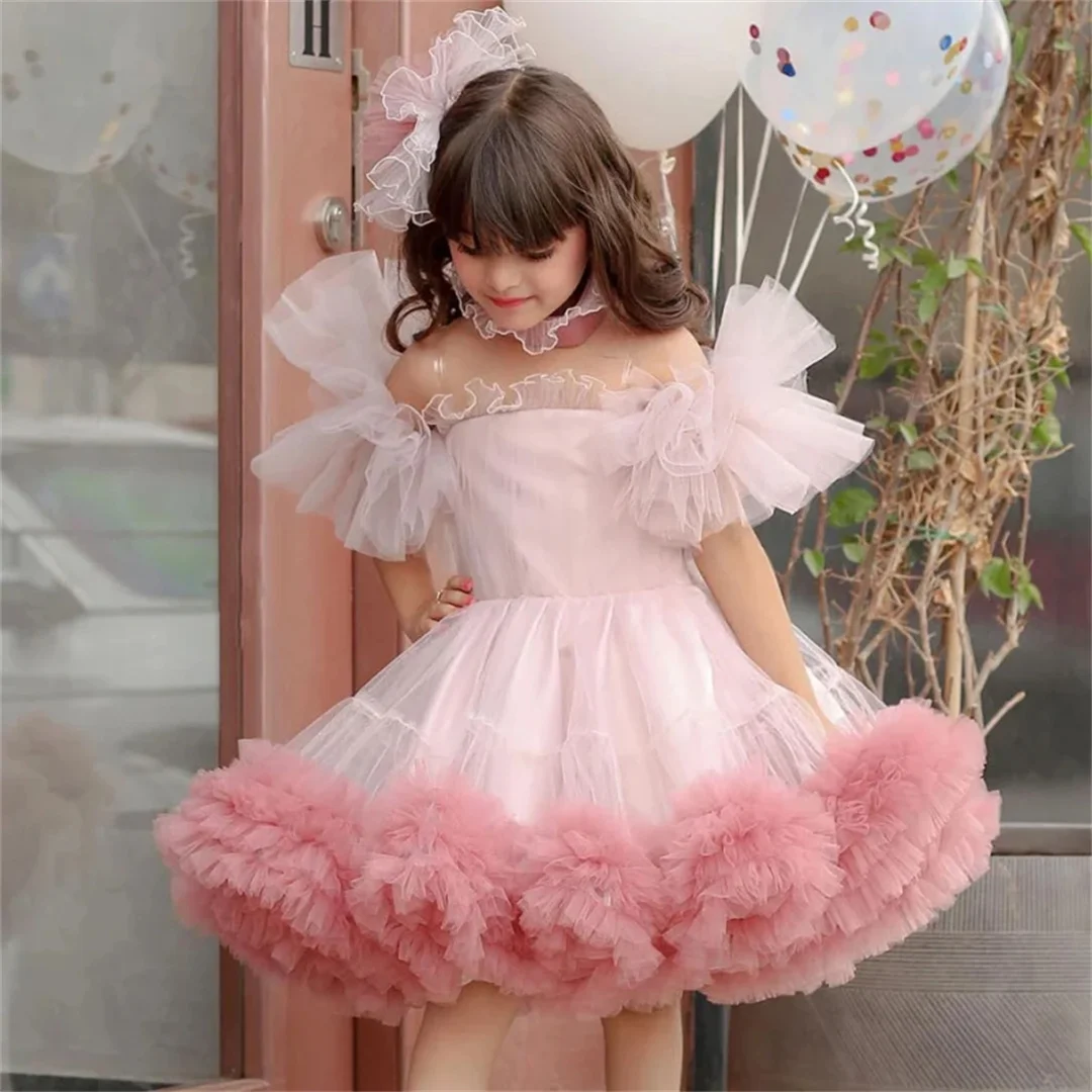 Customized Flower Girl Dresses Pink Tulle Puffy Short Sleeve For Wedding Birthday Banquet Prom Christmas Princess