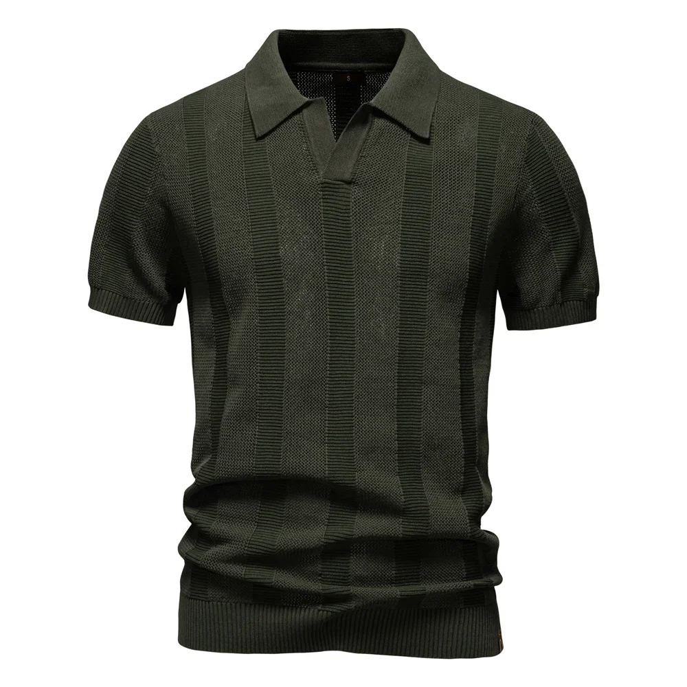 

2025 Men's Solid & Striped Mesh Polo Shirt - Breathable Knit Casual Top with Turn-Down Collar