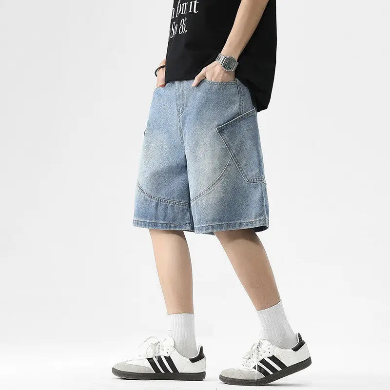 

Summer Men's Multi Pocket Denim Shorts American Casual Fashion Loose Street Style Drawstring Elastic Waist Knee-Length Jeans