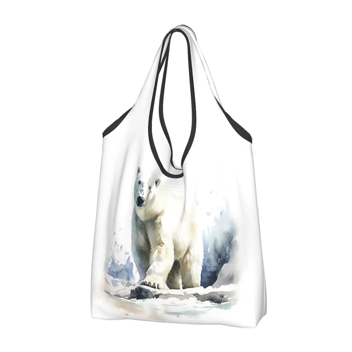 Watercolor Standing In The Snow Polar Bear Portable Tote Shopping Bags Reusable Shopper Bag Groceries Handbag Shoulder Bag