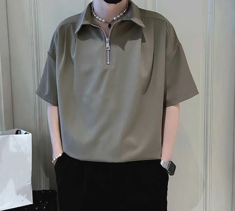 

Fashion brand leather handsome half zipper shirt with five sleeves men's top