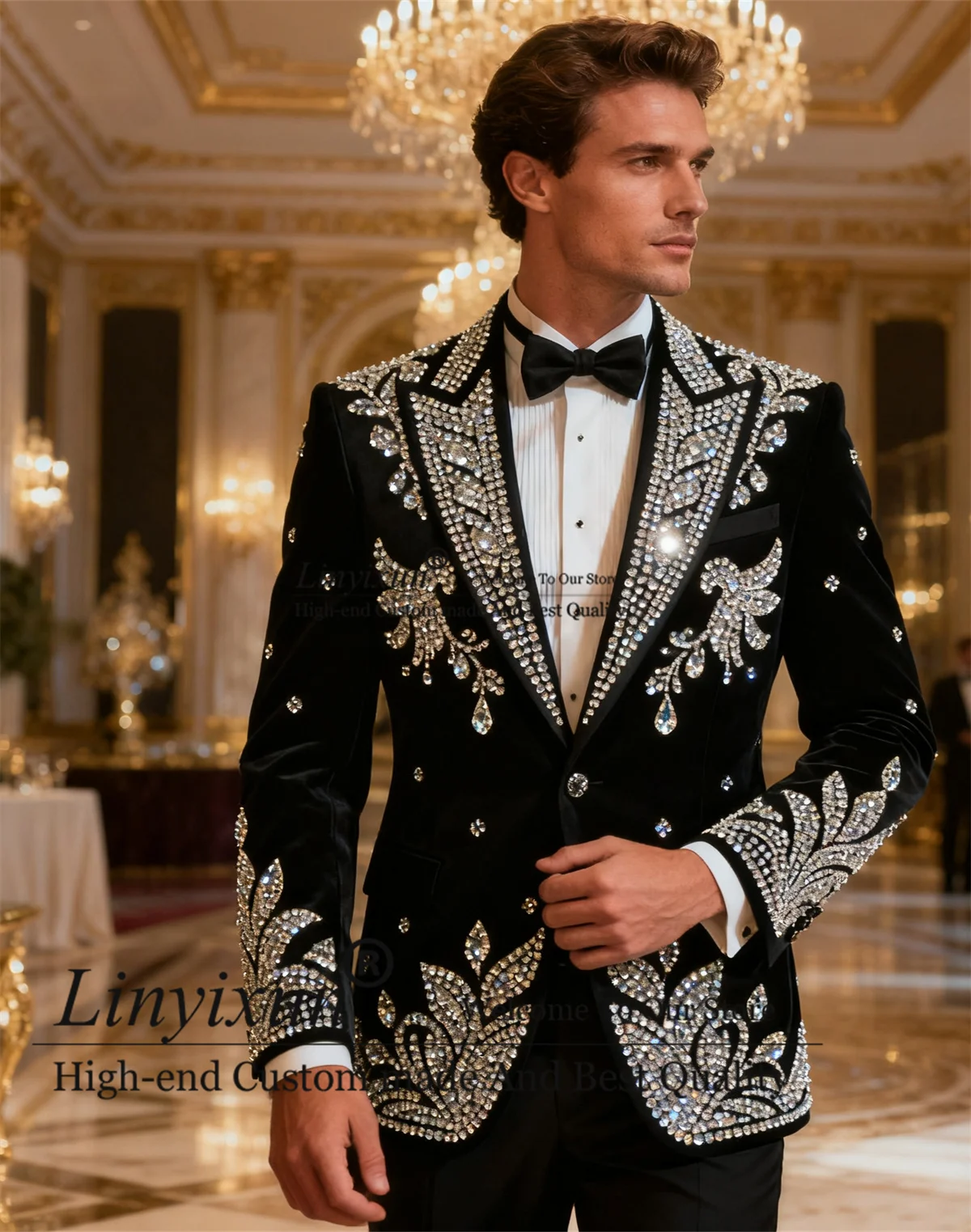 

Luxury Ornament Diamonds Men Suits 2 Piece Sets Groom Male Blazers Customized Slim Fit Wedding Tuxedos Party Costume Homme