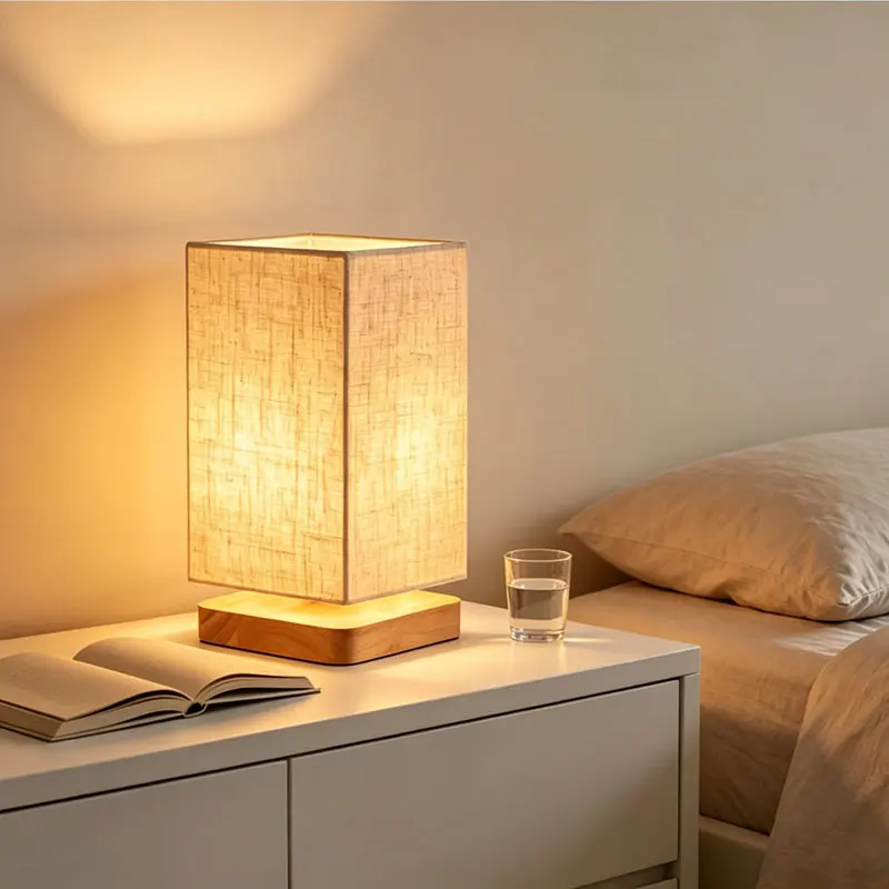 Solid Wood Table Lamp Square Linen Fabric Shade With Button Night Light For Bedroom Living Room Study Japanese Style Home Decor