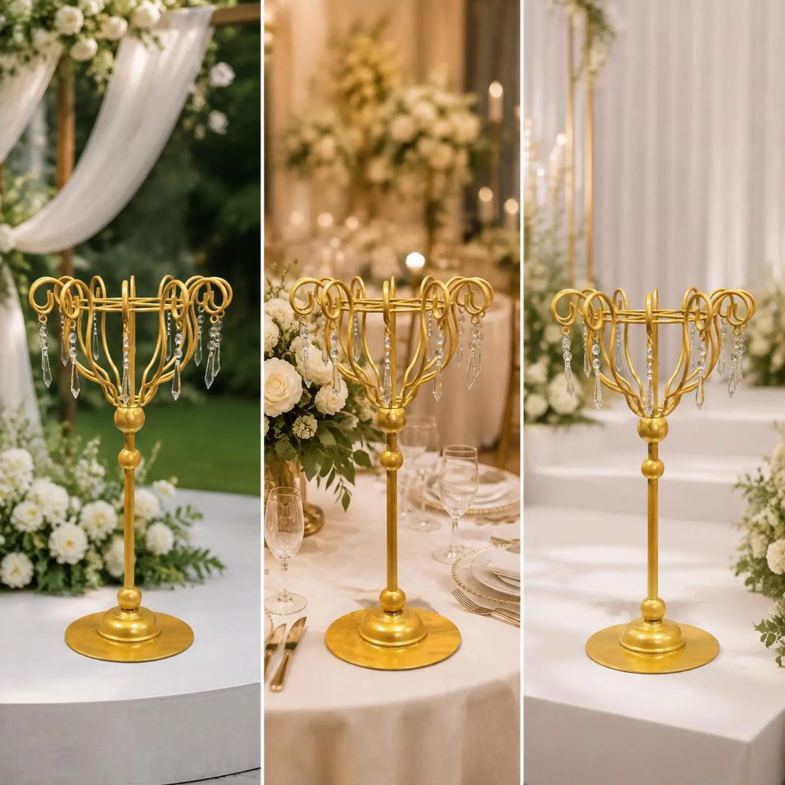Iron Decorative Flower Stand Ornate Flower Stand with Crystal Pendants Elegant for Banquet Decoration