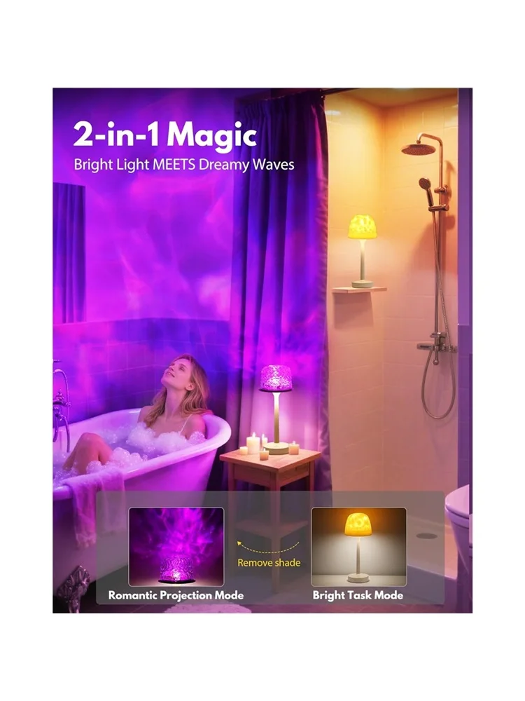 Spa-Like Shower Lamp -  Bathroom Lamp with 16 Color Ocean Wave Projector, Rechargeable Shower Light with Touch & Remote Control