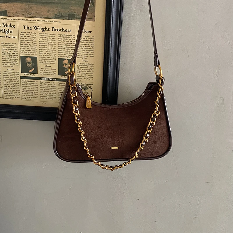 New Women Retro Faux Suede Crossbody Bag Versatile Shoulder Purse with Detachable Chain and Leather Strap Daily Commuter Handbag