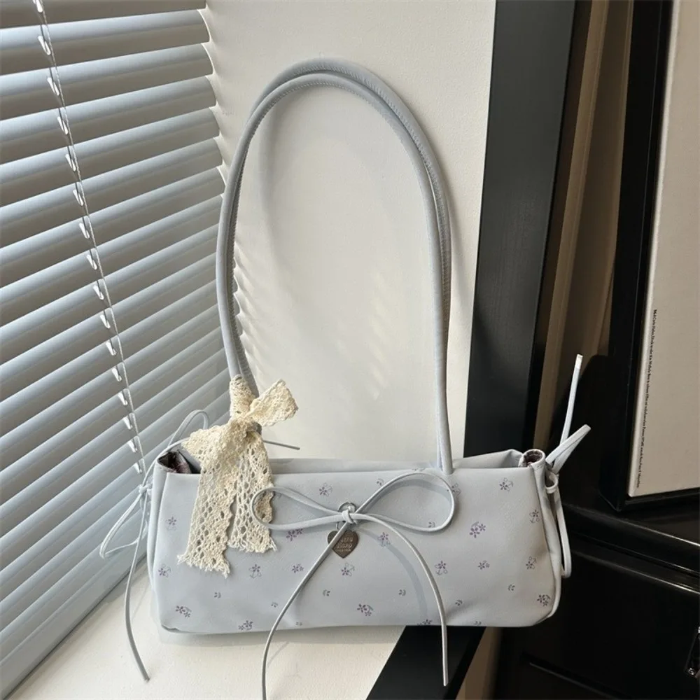 Heart-Shaped Charm Long Slim Shoulder Bag Lace Bow Decoration Floral Print Handbag Adjustable Vintage Clutch Purse Commuting