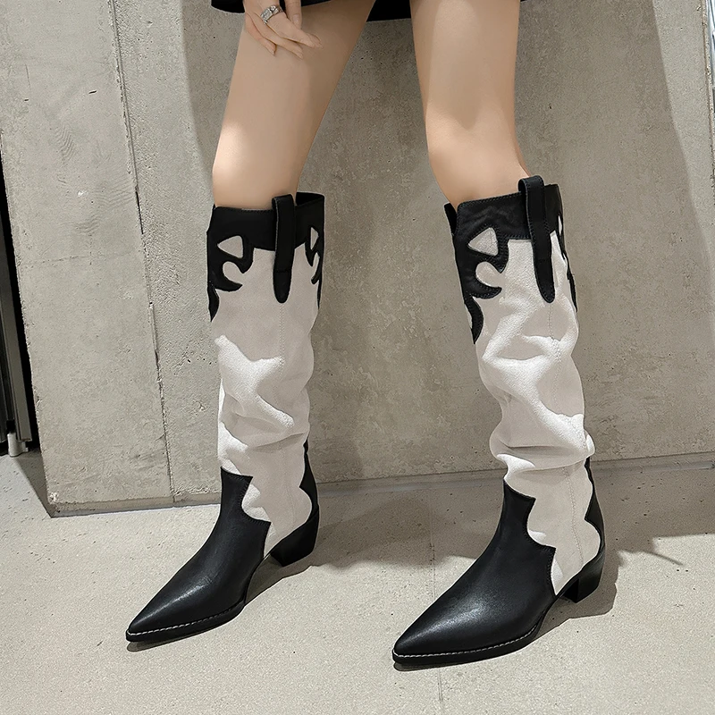 

Leather Custom Color Matching Western Cowboy Boots Pointed Head Square Heel Heightened Knight Boots Large Size Sexy Women's Boot