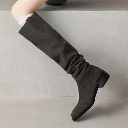 Women's natural suede leather round toe slip-on flats autumn knee high boots casual female high quality loose long boots shoes