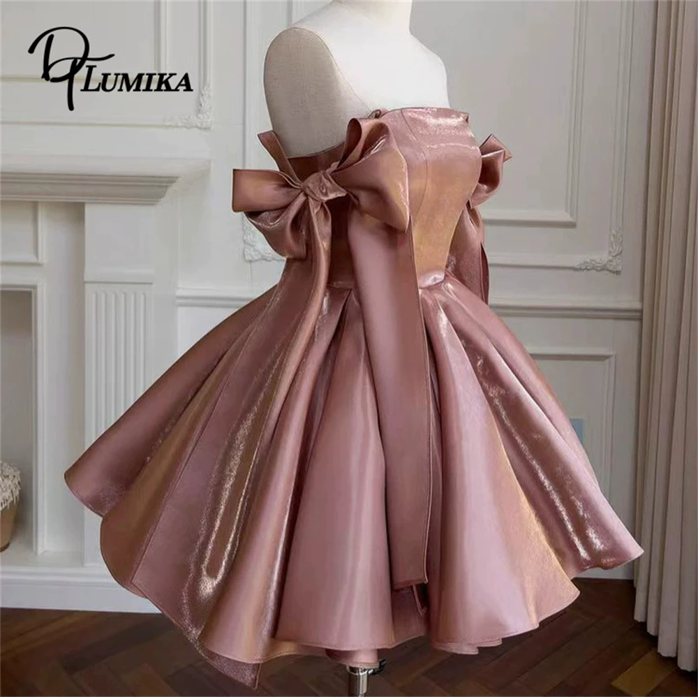 DTLumika - Shiny Satin Cocktail Dress with Bow Straps, Square Neck, A - Line Mini Party Dress for Women