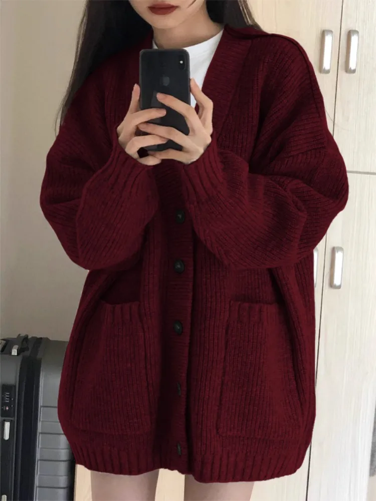 New Arrival! Women's Cardigan Sweater in Lazy Wine Red Style, Loose Knitted V-neck Coat for Winter 2024 Fashion