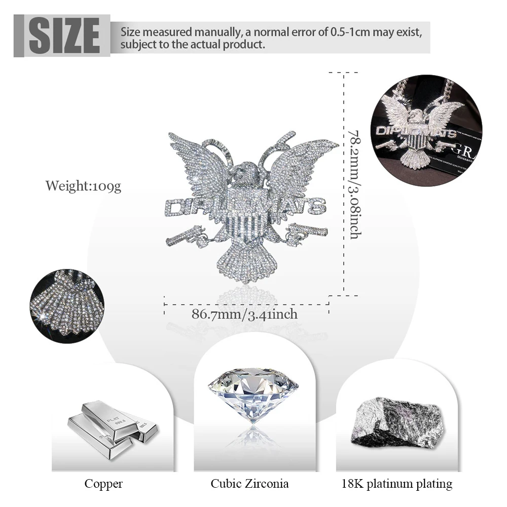 Iced Eagle Hip Hop Pendant Cubic Zircon 18K Gold Plated Cuban Chain Neckalce Accessory Dual Pistol Gun Hollow Letter Bling Crystal Charm Street Fine Jewelry Gifts for Men Boy Friends Male Rapper Club Party Eagle Medallion Hip Hop Accessory Pendant Gift