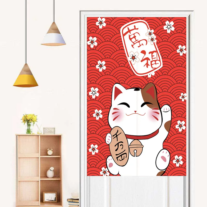 Japanese Style Lucky Cat Printed Door Curtain Partition Kitchen Doorway Decorative Drapes Cafe Restaurant Entrance Half-Curtain