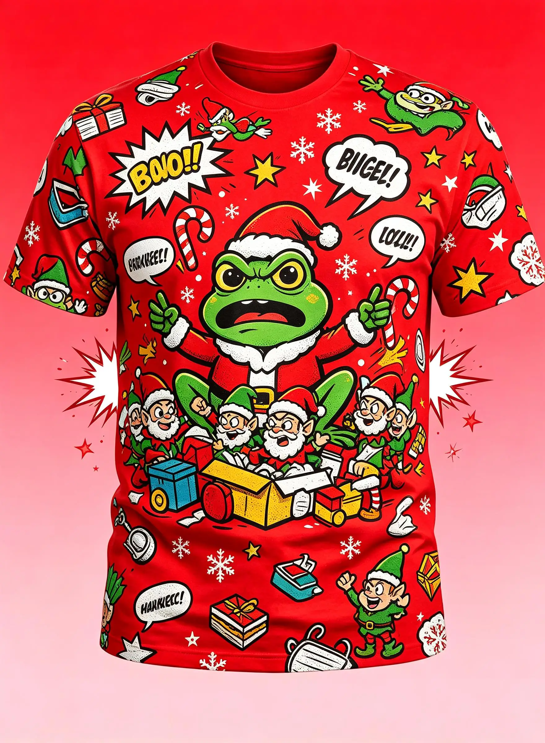 Men Festive Short Sleeve Top, Christmas Cartoon Frog Elf Gift Print Crew Neck Casual Party T-shirt