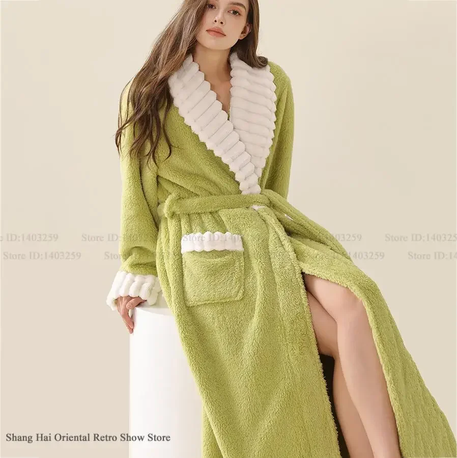 

Winter New Flannel Long Robe Women's Sleepwear Kimono Gown Bathrobe Thicken Warm Coral Fleece Nightgown Nightwear Loose Homewear
