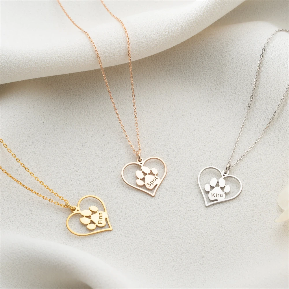 Dog Cat Paw Print Necklace Custom Jewelry Engraved Pet Name Love Heart Pendant Necklace Stainless Steel Choker Pet Memorial Gift
