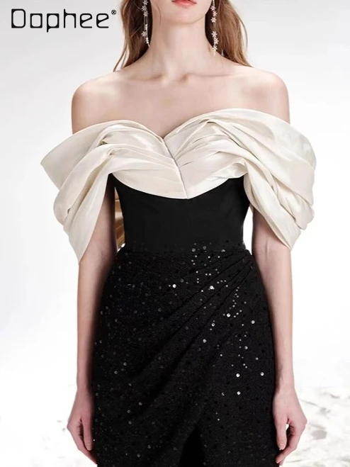 

Off-Shoulder Evening Dresses Light Luxury High-End French Style Elegant Heavy Industry Sequin Patchwork Slim Mid-Length Dress