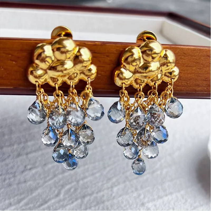 

Tear of The Sea Tassel Earring 18K Gold Filled Aquamarine Beaded Layers Ear Drop Dangles Vintage Fashion Waterproof Blue Jewelry