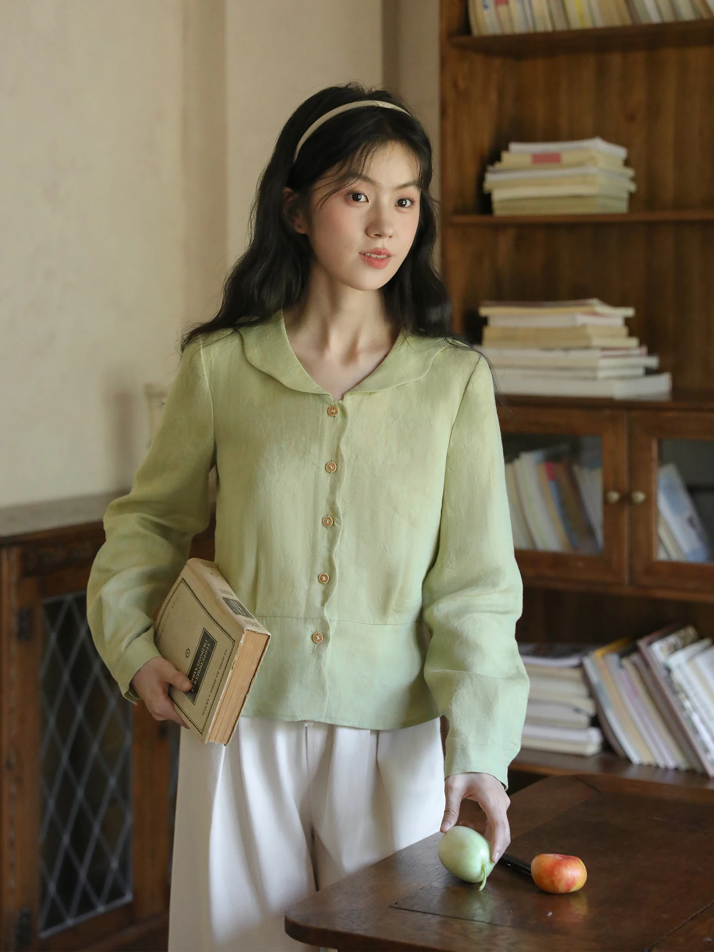 

Nesoulum Women's Loose Fit Long Sve irt Spring Artistic Retro Waist-Cinching Belted Light een Linen Color-Woven Top