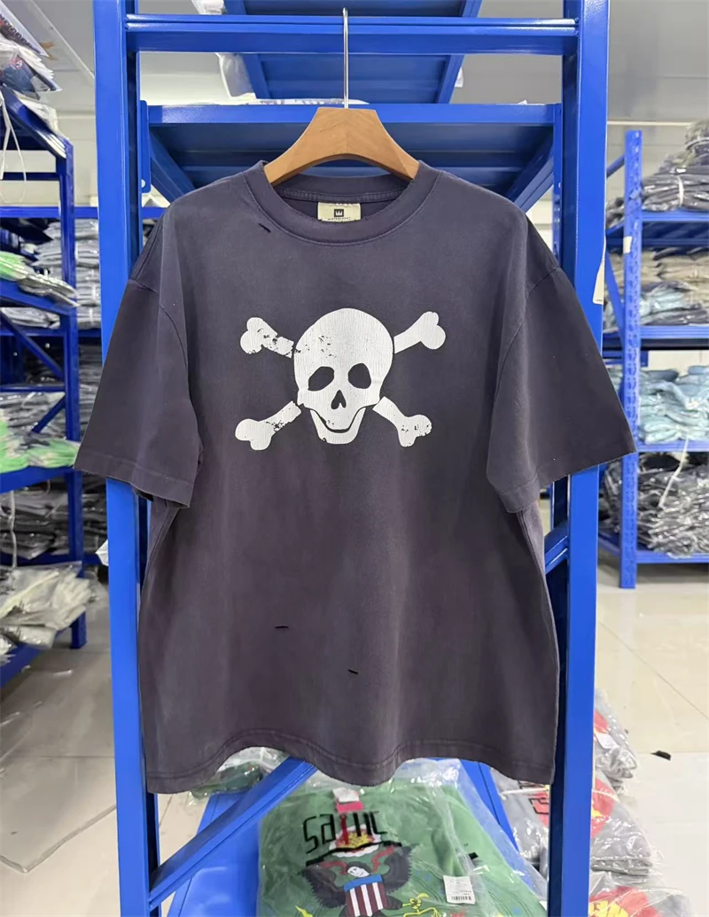 New Summer Vintage Hip-hop Skull Print Pattern Washed Casual Short Sleeved High Street Loose Cotton Simple Oversize T-shirt