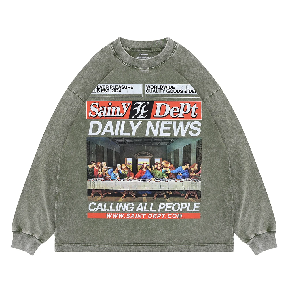 Superway Original Design The Last Supper Graphic Printing T-Shirt Men Oversized Long Sleeves 400G Streetwear Vintage Loose Tops