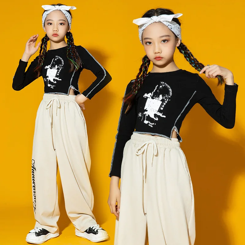 Kid Hip Hop Clothing Black Crop Top Long Sleeve T Shirt Beige Knitted Casual Sweat Pants for Girls Jazz Dance Costume Clothes