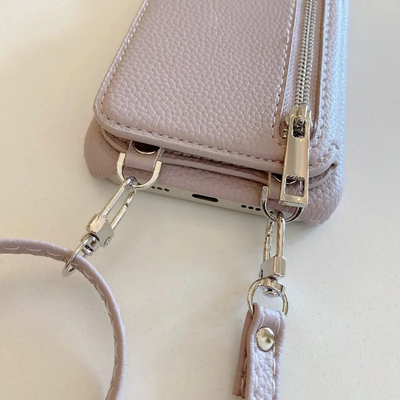 Cordão crossbody com zíper espelho carteira titular do cartão slot caso de telefone para iphone 17 ar 16 15 14 13 12 11 pro max 11 plus capa