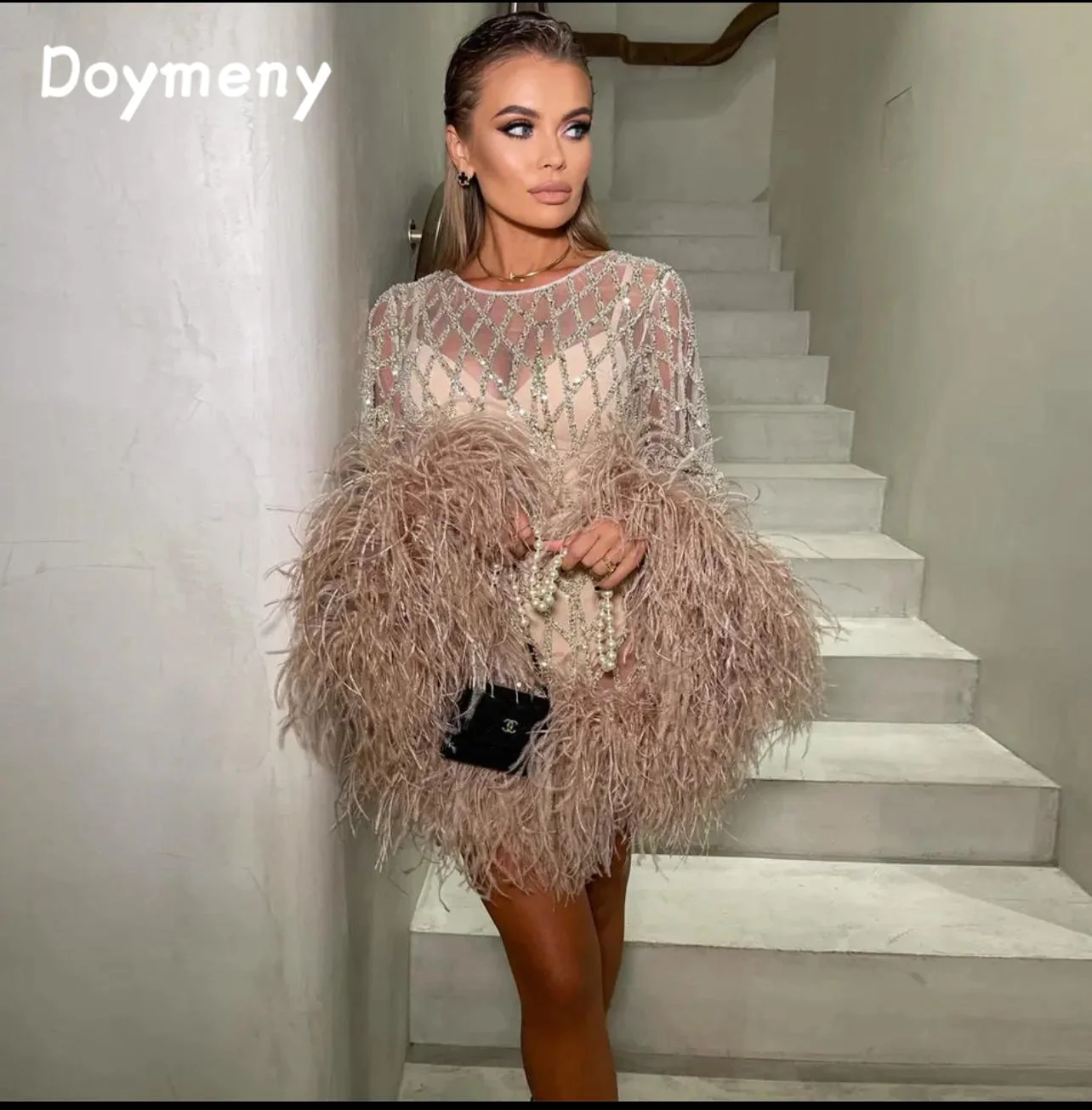 Doymeny Feather Long Sleeves Sequined A-line Short Formal Dress Party Dresses Cocktail Gown Celebrity Dresses vestidos de fiesta