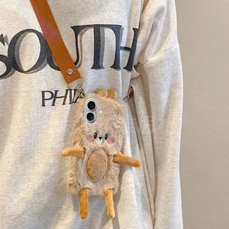 플러시 테디 베어 폰 케이스 크로스바디 스트랩 포함 아이폰 11-16 프로 맥스 안드로이드용, 독특한 소프트 실리콘 충격 방지 커버